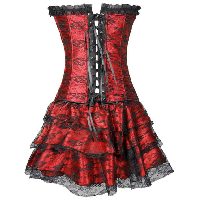 Black Luxury Court Corset Dress Underbust Corselet Palace Gorset with Skirt PQ584B