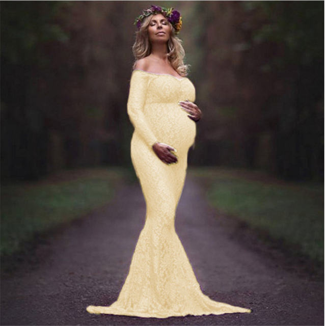 Floral Maternity Gown Maxi Photography Dress Women's Long Sleeve Lace Dresses PQ8927D