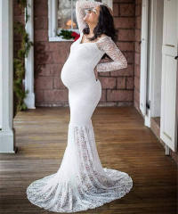 Women's Long Sleeve V Neck Lace Floral Maternity Gown Maxi Photography Dress PQ8927B