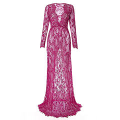 Purple Sexy Deep V Neck Maternity Gown Women Pregnant Dress Lace See-through Elegant Long Dresses PQ9848A