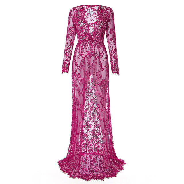 Purple Sexy Deep V Neck Maternity Gown Women Pregnant Dress Lace See-through Elegant Long Dresses PQ9848A