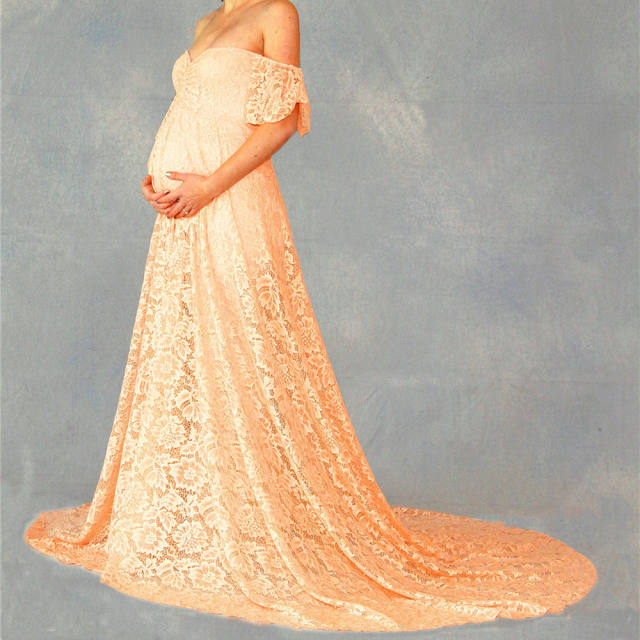 Pink Maternity Low Cut Photography Dress Off Shoulder Ruffle Sleeve Lace Gowns Pregnant Women Bridesmaid Maxi Dresses PQ8919B