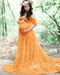 Pink Maternity Low Cut Photography Dress Off Shoulder Ruffle Sleeve Lace Gowns Pregnant Women Bridesmaid Maxi Dresses PQ8919B