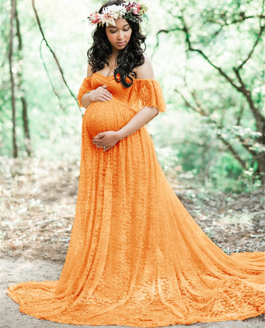 Pink Maternity Low Cut Photography Dress Off Shoulder Ruffle Sleeve Lace Gowns Pregnant Women Bridesmaid Maxi Dresses PQ8919B