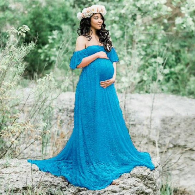 Pink Maternity Low Cut Photography Dress Off Shoulder Ruffle Sleeve Lace Gowns Pregnant Women Bridesmaid Maxi Dresses PQ8919B