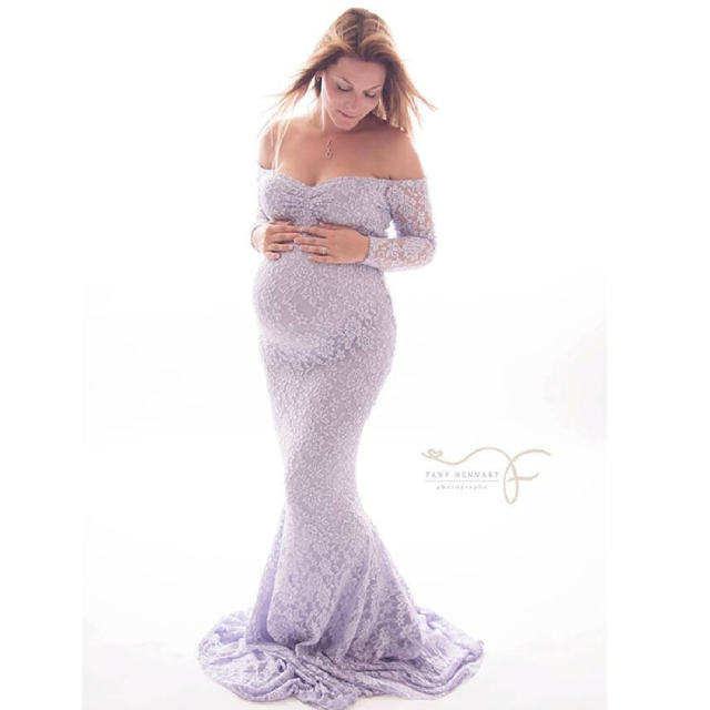 Floral Maternity Gown Maxi Photography Dress Women's Long Sleeve Lace Dresses PQ8927D