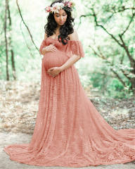 Pink Maternity Low Cut Photography Dress Off Shoulder Ruffle Sleeve Lace Gowns Pregnant Women Bridesmaid Maxi Dresses PQ8919B