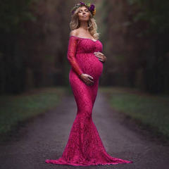 Women's Long Sleeve V Neck White Lace Floral Maternity Gown Maxi Photography Dress PQ8927A