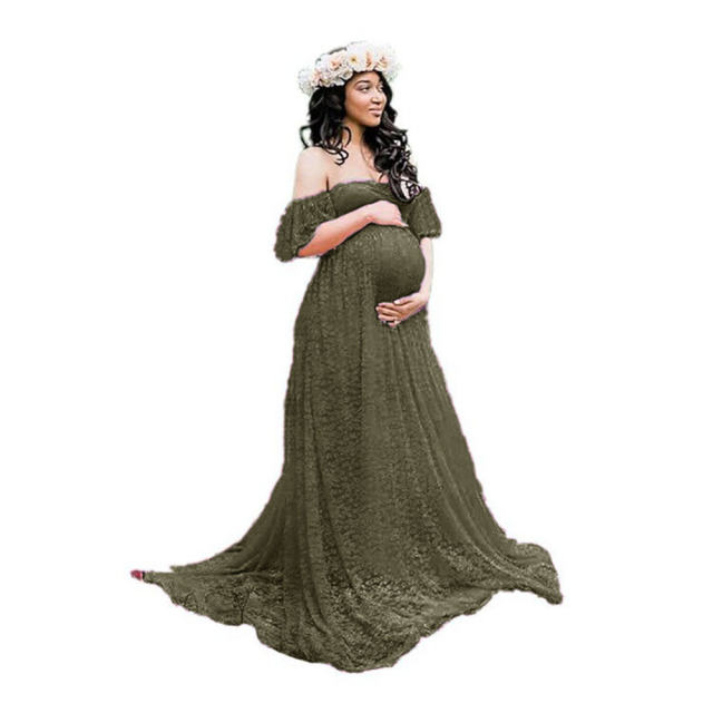 Pink Maternity Low Cut Photography Dress Off Shoulder Ruffle Sleeve Lace Gowns Pregnant Women Bridesmaid Maxi Dresses PQ8919B