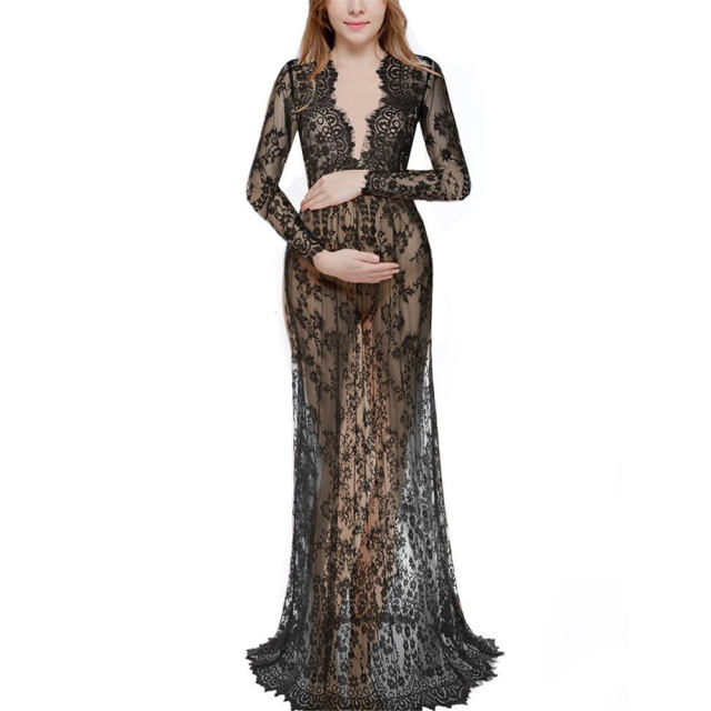 Women Pregnant Dress Sexy Deep V Neck Maternity Gown Lace See-through Elegant Long Dresses PQ9848A