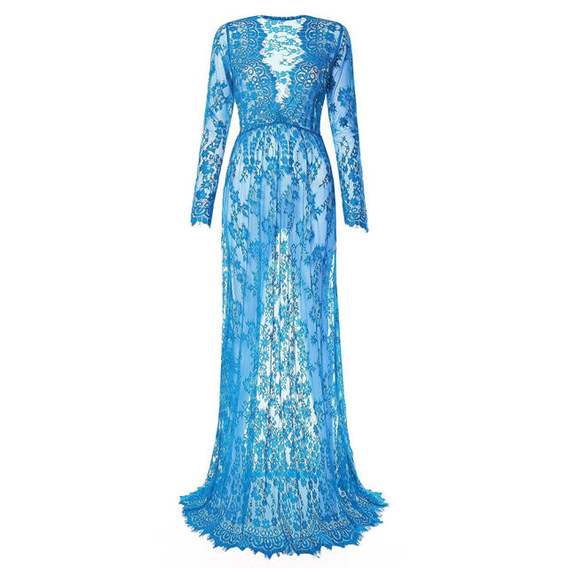 Women Pregnant Dress Sexy Deep V Neck Maternity Gown Lace See-through Elegant Long Dresses PQ9848A