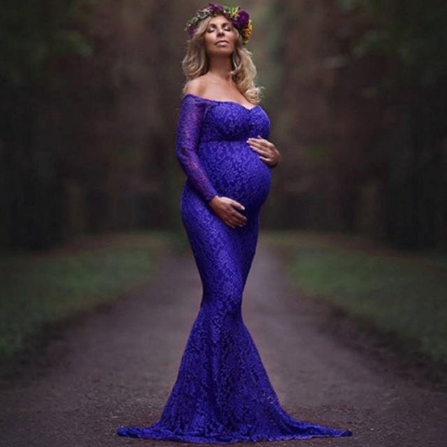 Floral Maxi Photography Dress Women's Long Sleeve Lace Dresses Maternity Gown PQ8927E