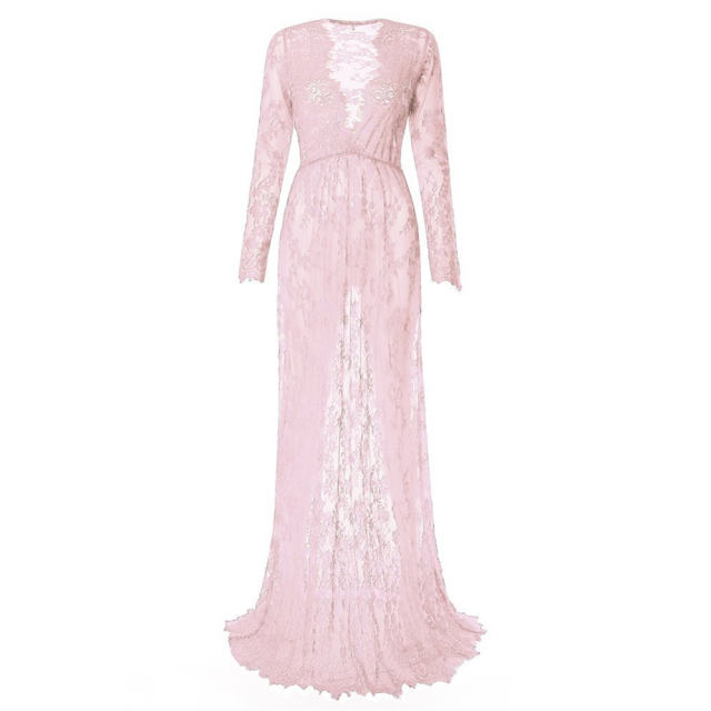 Women Pregnant Dress Sexy Deep V Neck Maternity Gown Lace See-through Elegant Long Dresses PQ9848A