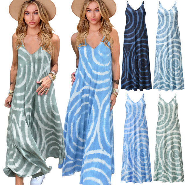 Grey Summer V-neck Strapless Boho Dress Tie-dyed Print Bohemian Dress PQLQ068D