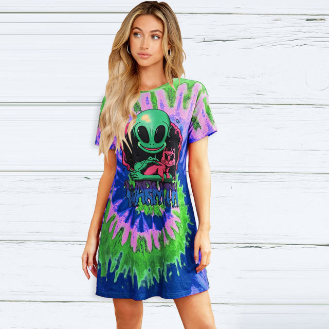 Green Round Neck Casual Dresses Summer Alien Print Women Short Sleeve T-shirt PQLQ057C