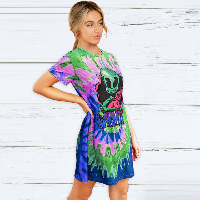 Green Round Neck Casual Dresses Summer Alien Print Women Short Sleeve T-shirt PQLQ057C
