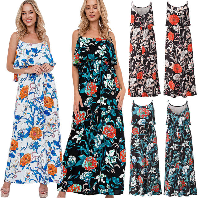 Blue Floral Printed Long Beach Dress Spaghetti Straps Bohemia Dresses PQLQ078C