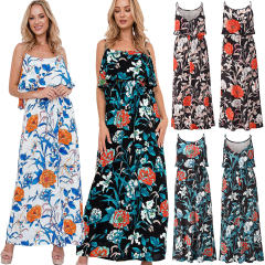Black Floral Printed Long Beach Dress Spaghetti Straps Bohemia Dresses PQLQ078B
