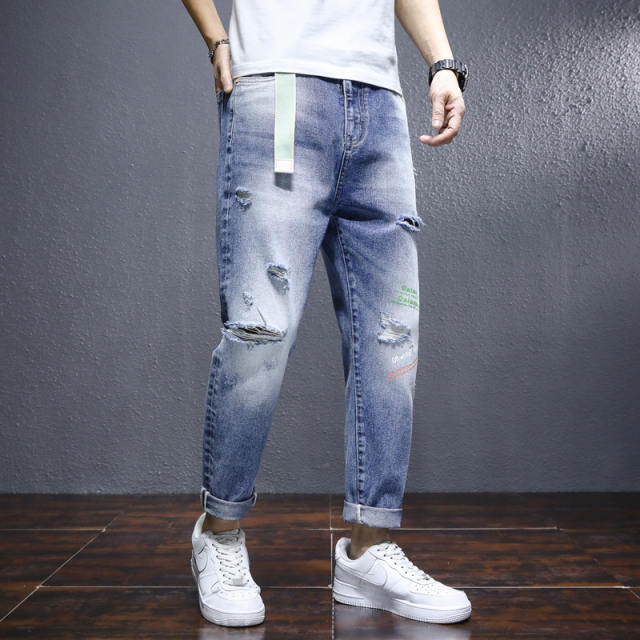 Men's Ripped Jeans Blue Loose Harem Pants Youth Trend Beggar Pants PQ8633A