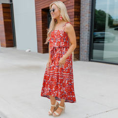 Orange Summer Midi Dresses Women Spaghetti Strap Floral Print Casual Dress PQH2085C [OUT OF STOCK]