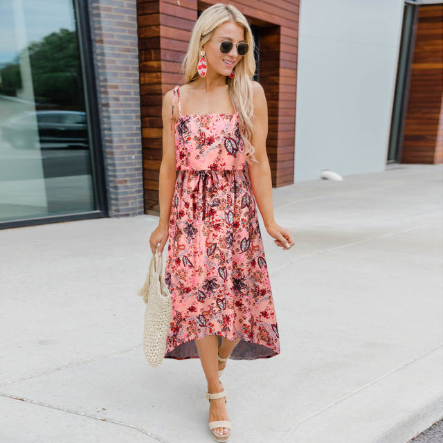 Orange Summer Midi Dresses Women Spaghetti Strap Floral Print Casual Dress PQH2085C [OUT OF STOCK]