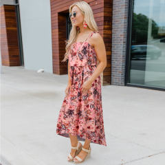 Orange Summer Midi Dresses Women Spaghetti Strap Floral Print Casual Dress PQH2085C [OUT OF STOCK]