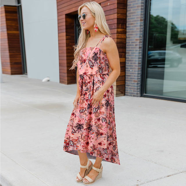 Orange Summer Midi Dresses Women Spaghetti Strap Floral Print Casual Dress PQH2085C [OUT OF STOCK]