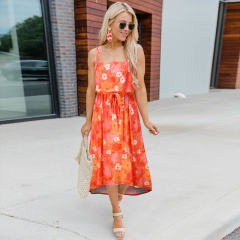 Orange Summer Midi Dresses Women Spaghetti Strap Floral Print Casual Dress PQH2085C [OUT OF STOCK]