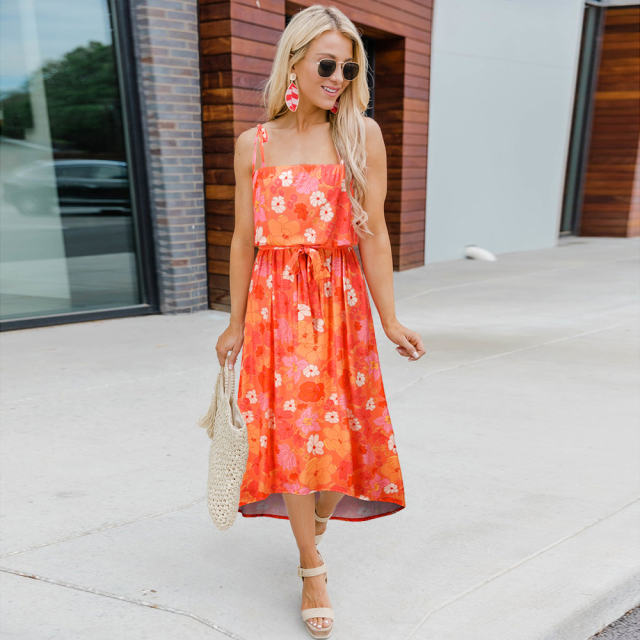 Orange Summer Midi Dresses Women Spaghetti Strap Floral Print Casual Dress PQH2085C [OUT OF STOCK]