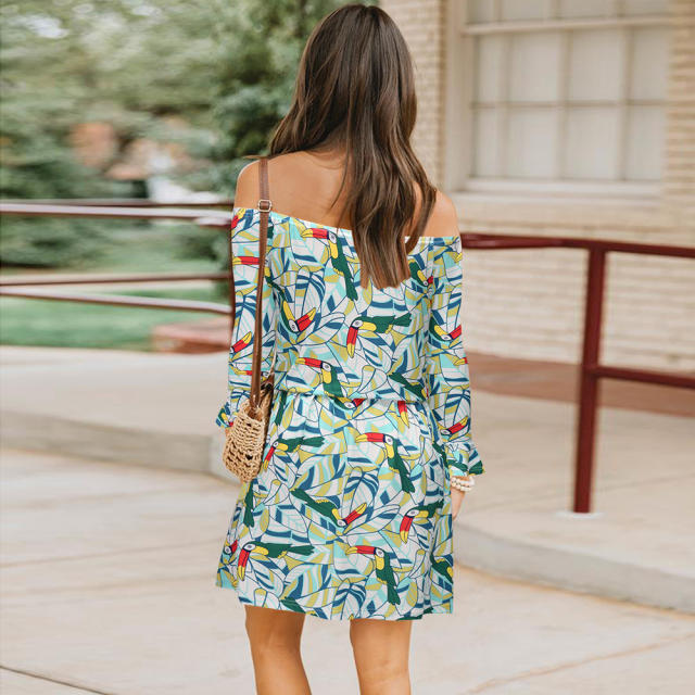 White Summer Floral Print Mini Dresses Sexy Knit Casual Dress PQH2121A