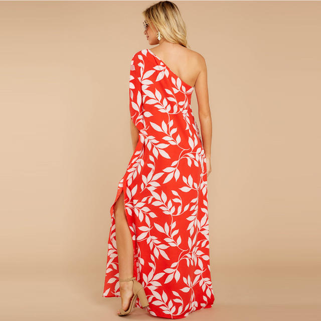 Sexy Digital Print HIgh Split Long Dresses One-shoulder Floral Boho Dress PQ2109D