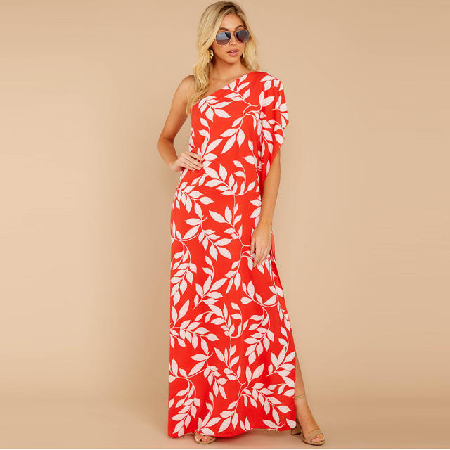 Sexy Digital Print HIgh Split Long Dresses One-shoulder Floral Boho Dress PQ2109D