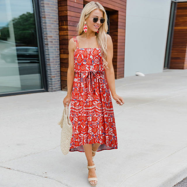 Orange Summer Midi Dresses Women Spaghetti Strap Floral Print Casual Dress PQH2085C [OUT OF STOCK]