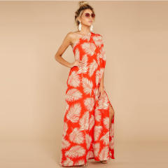 Sexy Digital Print HIgh Split Long Dresses One-shoulder Floral Boho Dress PQ2109D