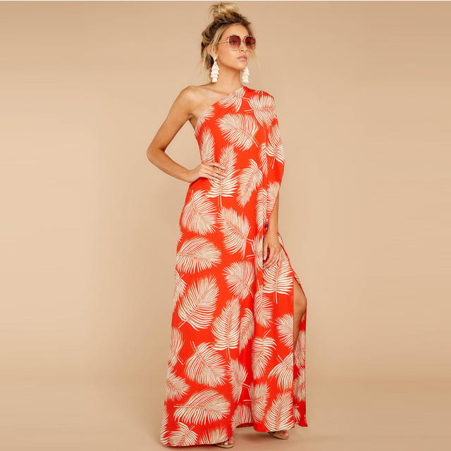 Sexy Digital Print HIgh Split Long Dresses One-shoulder Floral Boho Dress PQ2109D