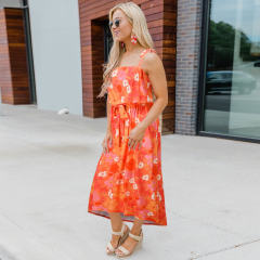 Orange Summer Midi Dresses Women Spaghetti Strap Floral Print Casual Dress PQH2085C [OUT OF STOCK]