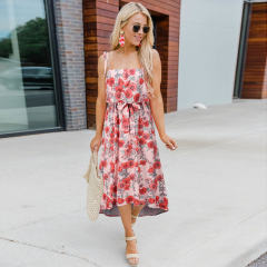 Orange Summer Midi Dresses Women Spaghetti Strap Floral Print Casual Dress PQH2085C [OUT OF STOCK]