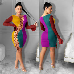 Contrast Color Lace-up Mini Dresses Long Sleeve Club Dress PQ1294