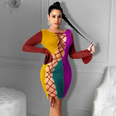 Contrast Color Lace-up Mini Dresses Long Sleeve Club Dress PQ1294