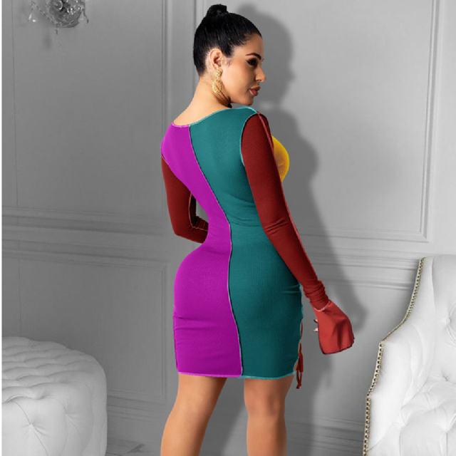 Contrast Color Lace-up Mini Dresses Long Sleeve Club Dress PQ1294