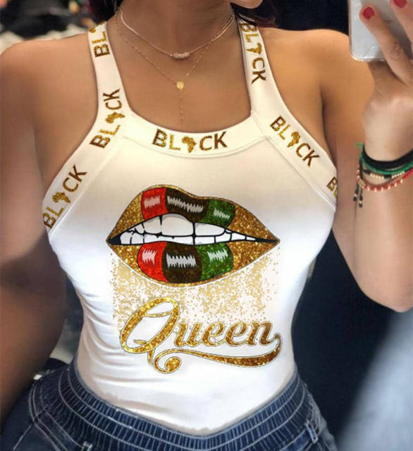 Sexy Digital Lips Print T-shirt Back Bowknot Summer Vest Top For Women PQ20805C