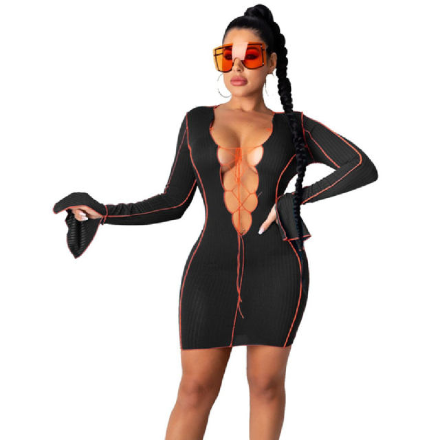 Red Sexy V-neck Lace-up Clubwear Flared Sleeve Mini Dress PQ1267A