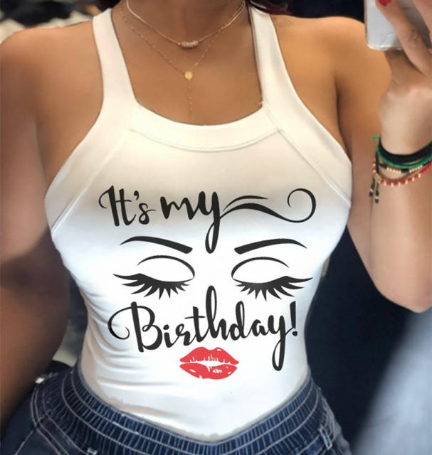 White Lips Printed Tops For Women Sexy Back Bowknot Summer Vest PQ20805L