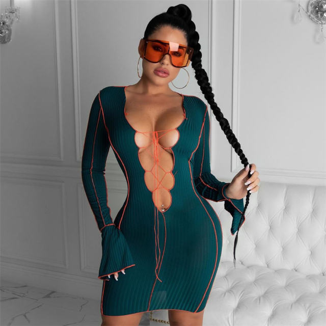 Red Sexy V-neck Lace-up Clubwear Flared Sleeve Mini Dress PQ1267A