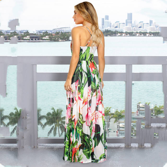 Red Floral Print Maxi Dress Sexy V-neck Summer Boho Dress PQLQ053G