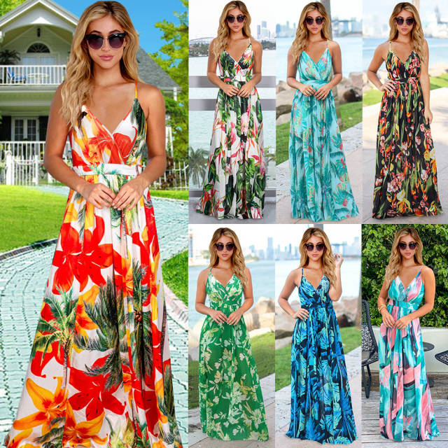 Pink Floral Print Maxi Dress Sexy V-neck Summer Boho Dress PQLQ053D