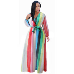 Women Summer Maxi Dress Fashion Stripe Printing Chiffon Dress PQ2248