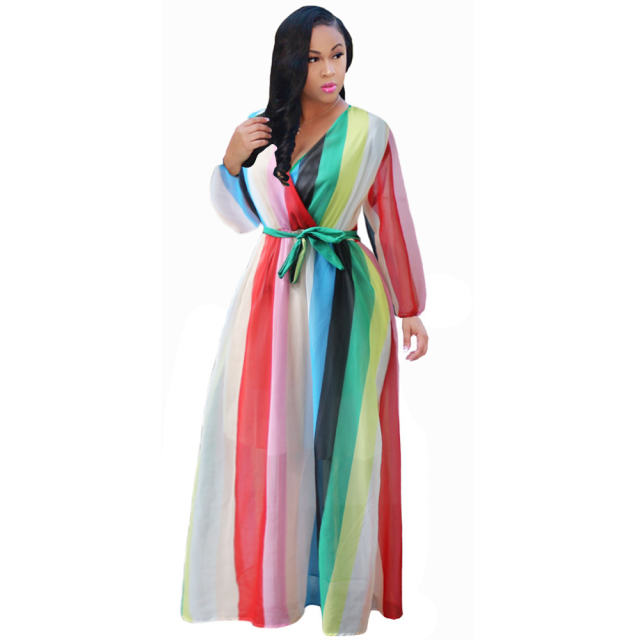 Women Summer Maxi Dress Fashion Stripe Printing Chiffon Dress PQ2248