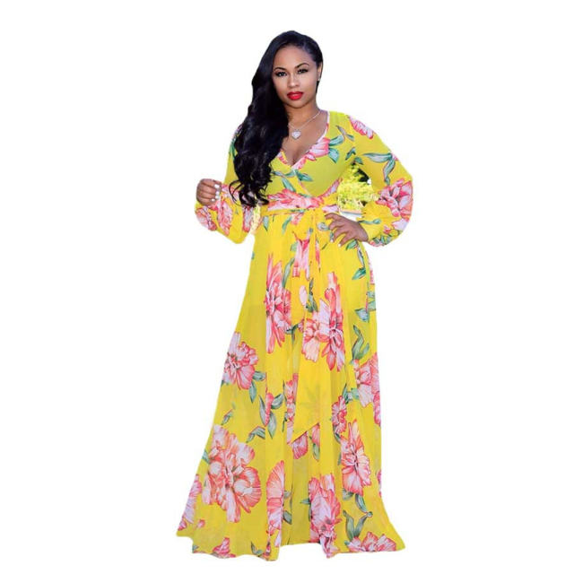 Fashion Big Swing Floral Print Maxi Dress Chiffon Summer Beach Dress PQ2216