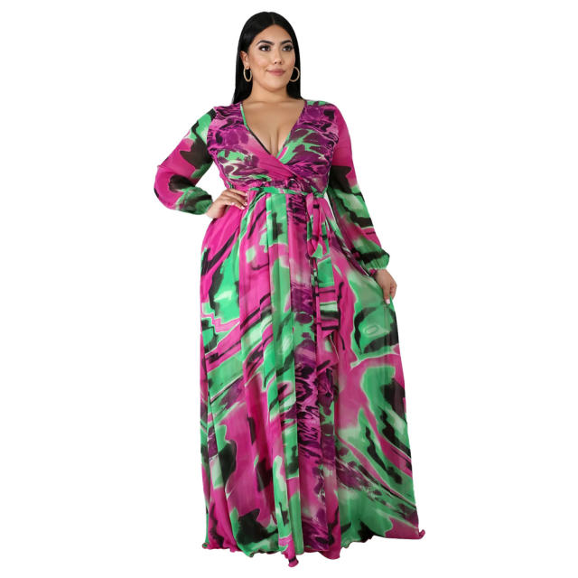 Fashion V-neck Chiffon Boho Dresses Long Sleeve Flower Beach Dress PQ5500